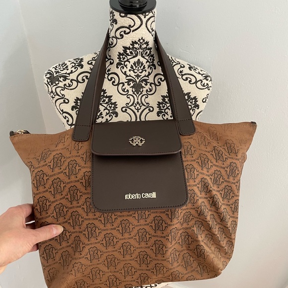 Roberto Cavalli Brown Large Nylon Luxury Designer Shopper Tote - Picture 12 of 14